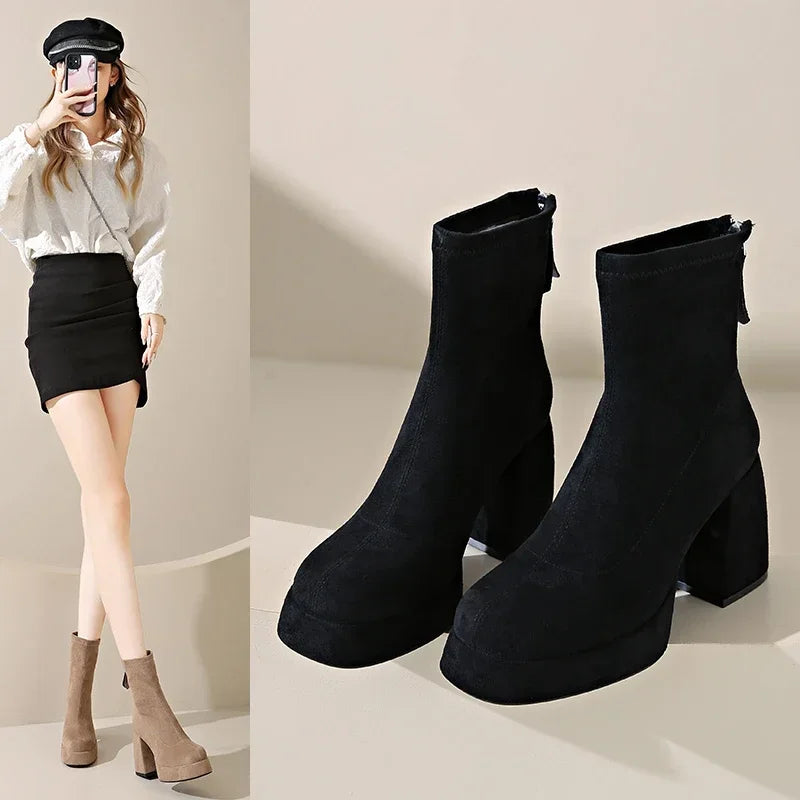 2024 Women's Fashion High-heeled Boots Winter New British Style Soft Sole Anti-slippery  Versatile Keep Warm Leather Shoes