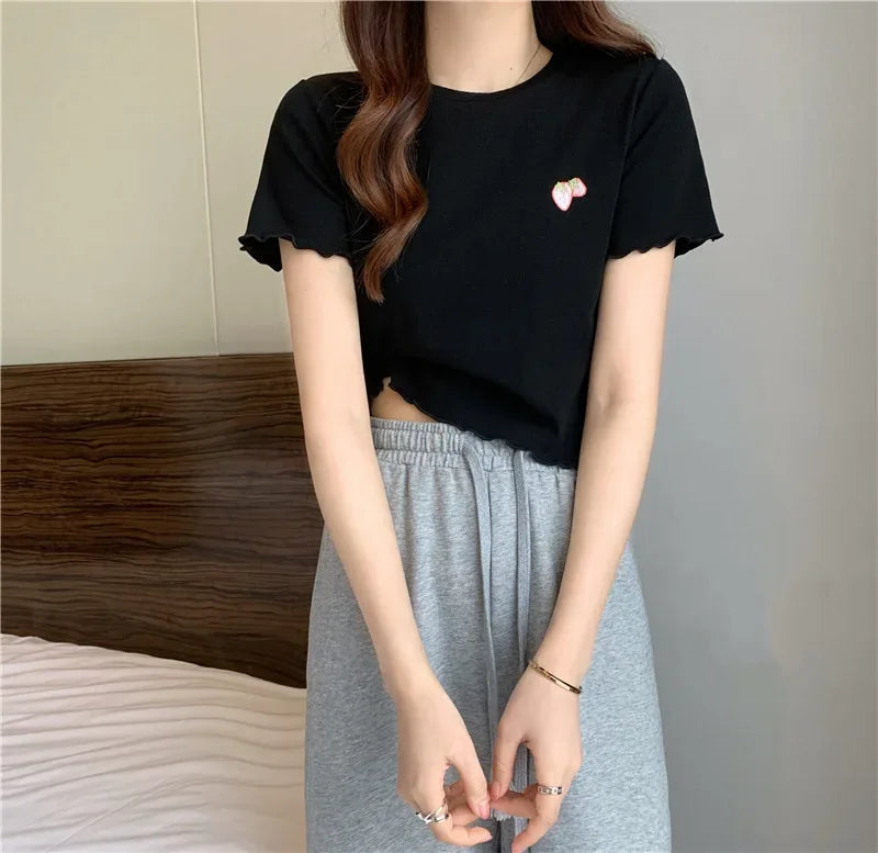 Summer Embroidered Short T-shirt Women Wooden Edge Irregular Slim Short Sleeve Top Plant Pattern Fiber Fabric Elegant Style