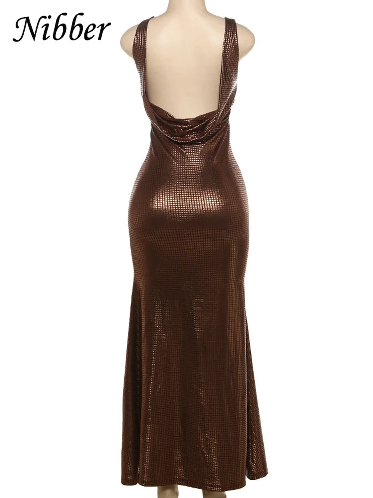 Nibber Sequins Backless Dress Women Sexy Solid Square Collar Sleeveless Skinny 2025 Summer Fashion Glitter Stretch Long Bodycon