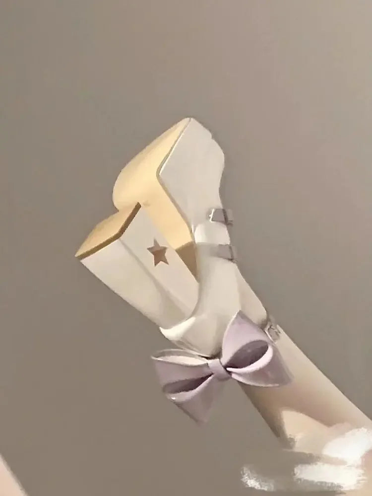 Mary's Spring New Women's Fashionable Thick Heel Bow Hollow Out Line Toe Flats Summer Season Flat Heel Women's Shoes