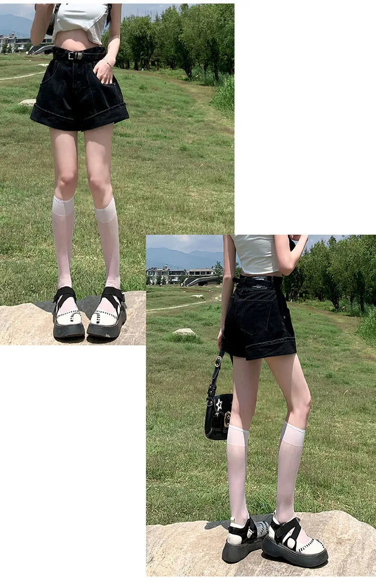 Women's Wine Red Denim Shorts High Waist Wide Shorts Harajuku Streetwear Korean Style Y2k Casual Blue A Line Jean Shorts Summer