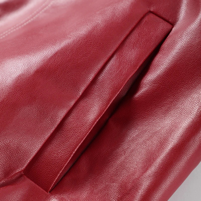 Fashion Green PU Leather Jacket Women Laple Zipper Loose Full Sleeve Single Breasted Cropped Coat 2024 New Lady Solid Streetwear