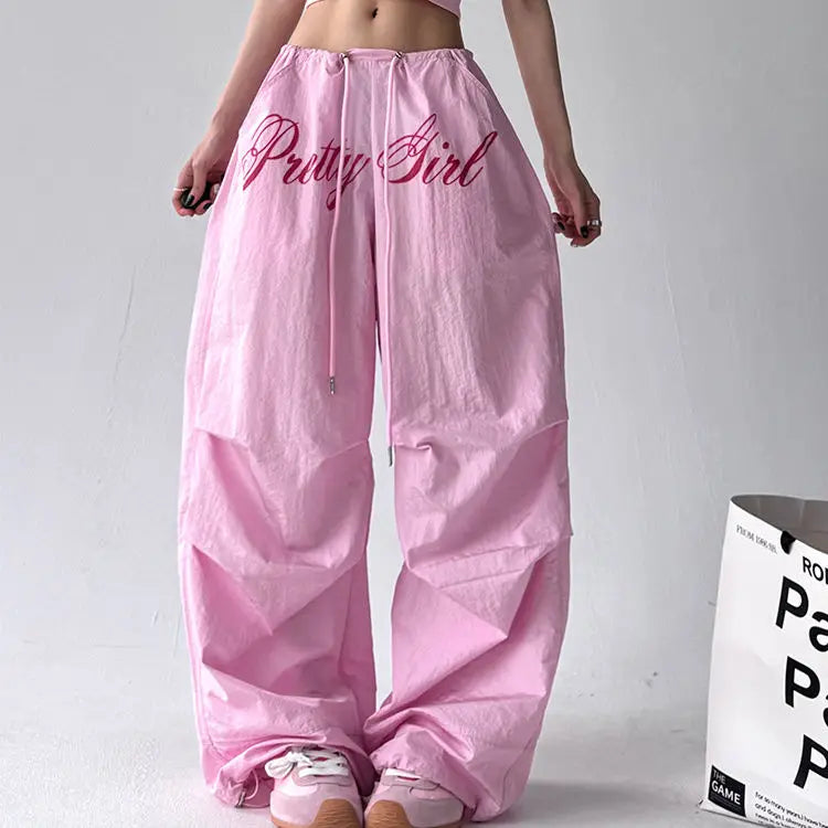 American retro black printed Spice Girls Street Dance Scimitar Pants Women's Loose Design Splicing Summer New Wide Leg Pants
