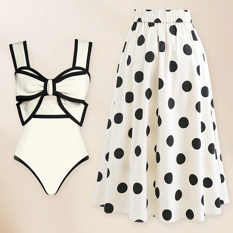 2024 New Off Shoulder Bow Tie One Piece Swimsuit Set Summer Swimwear Women Beachwear Luxury Bathing Suit