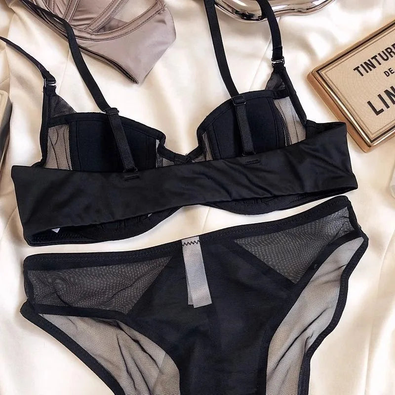 Women Bra and Panty Set Satin Silk Gather Push Up Lingerie Mesh Push Up Front Button Bra Adjustable Strap Thin Cup Underwear