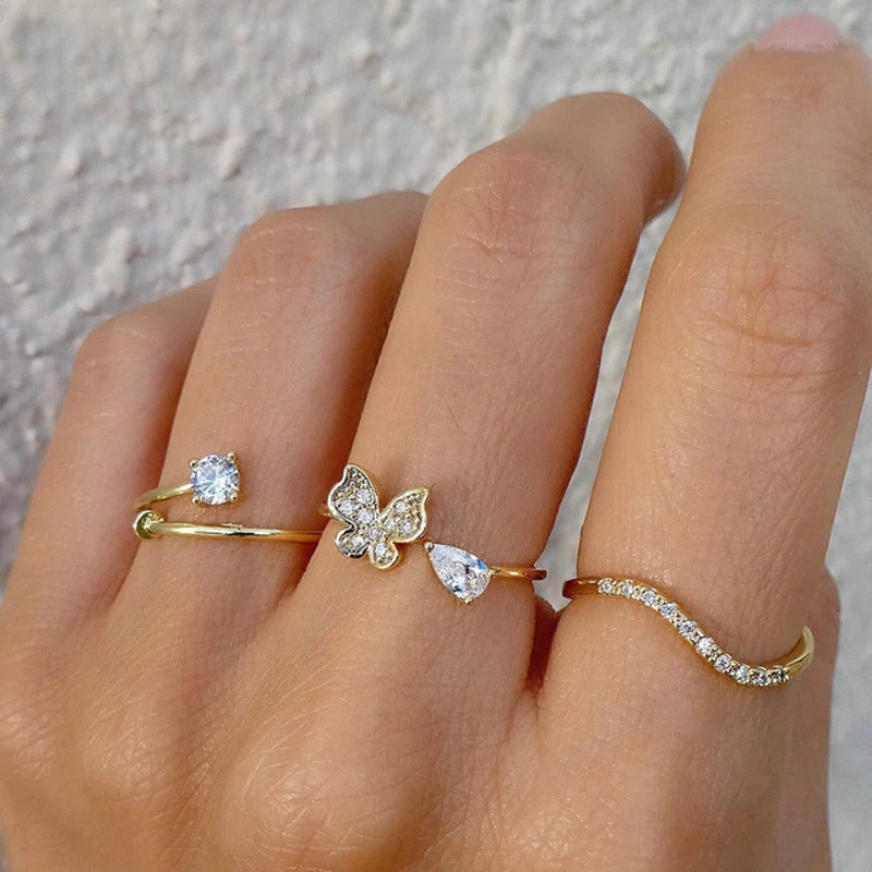 Vintage Shiny Zircon Butterfly Heart Ring Set Gold Color Boho Elegant Eyes Moon Geometric Rings Women Party Jewelry