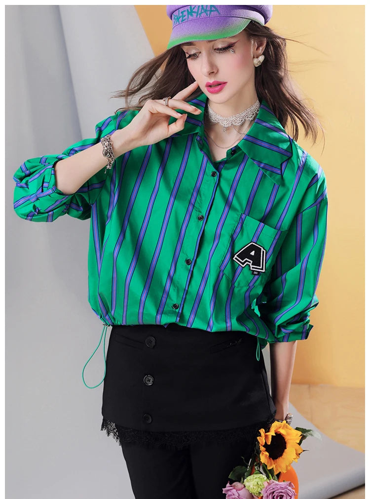 Women’s Cropped Loose Fit Striped Shirt with Letter Patch, Casual Button Down Blouse, Pink Streetwear Long Sleeve Top