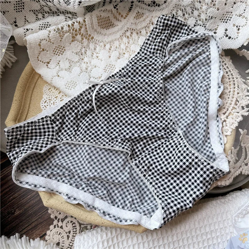 SP&CITY Dot Patterned Ice Silk Cute Women's Panties Ow Waist Cartoon Printed Sweet Plaid Ruffle Underwear Female Seamless Briefs