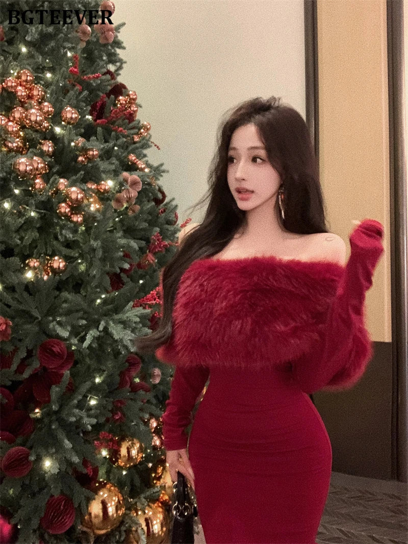 BGTEEVER Autumn Winter Fashion Slash Neck Ladies Skinny Package Hip Sweater Dress Elegant Long Sleeve Female Slim Knitted Dress