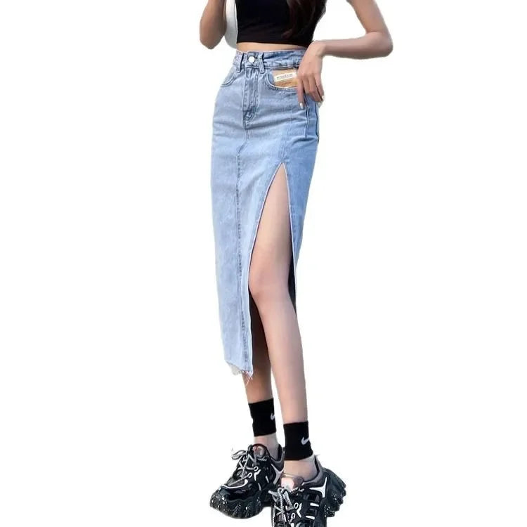 Mid-Length Denim Mini Skirt for Women High Waist Slimming Split Knee-Length Summer Trendy Cotton Half Body Skirts