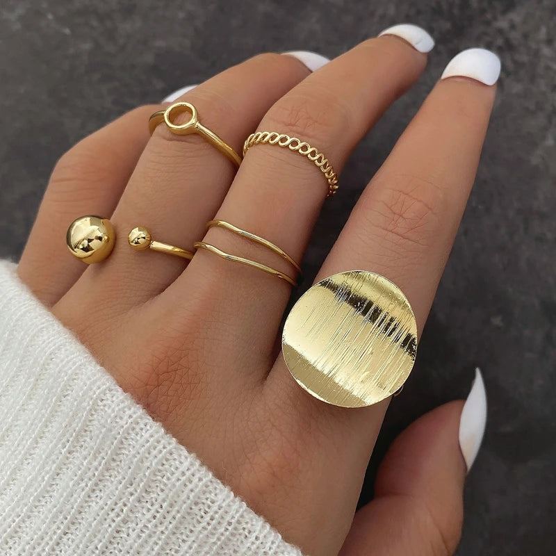 Vintage Shiny Zircon Butterfly Heart Ring Set Gold Color Boho Elegant Eyes Moon Geometric Rings Women Party Jewelry