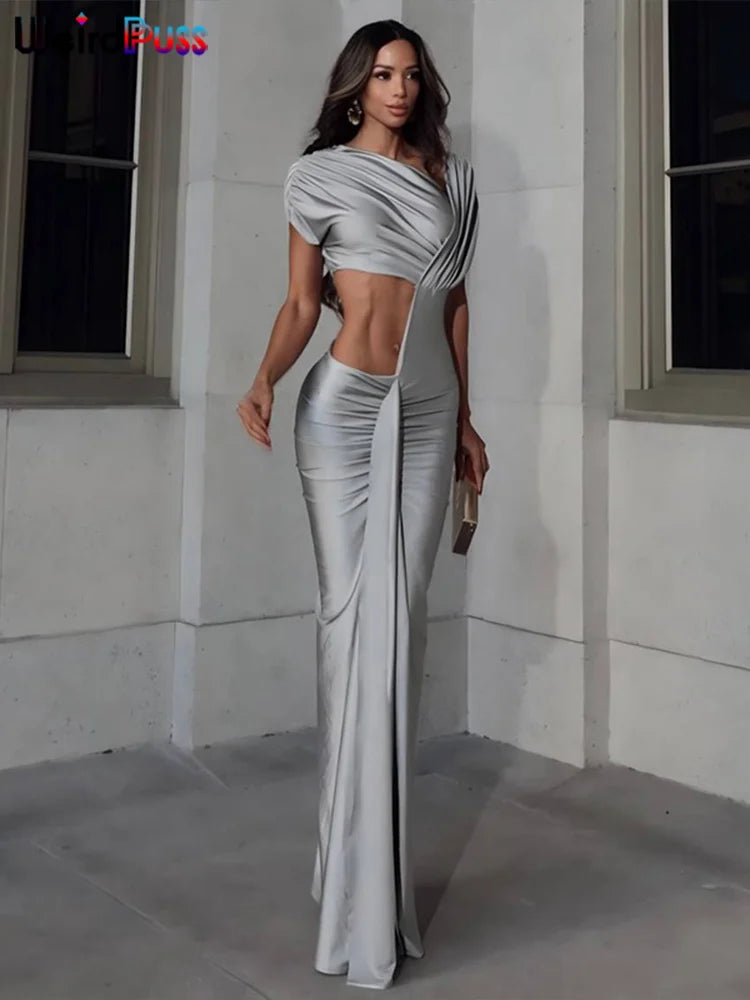 Weird Puss Irregular Hollow Dress Women Ruched Diagonal Collar Shorts Sleeve Waistless Slits Street Trend Elegant Long Bodycon