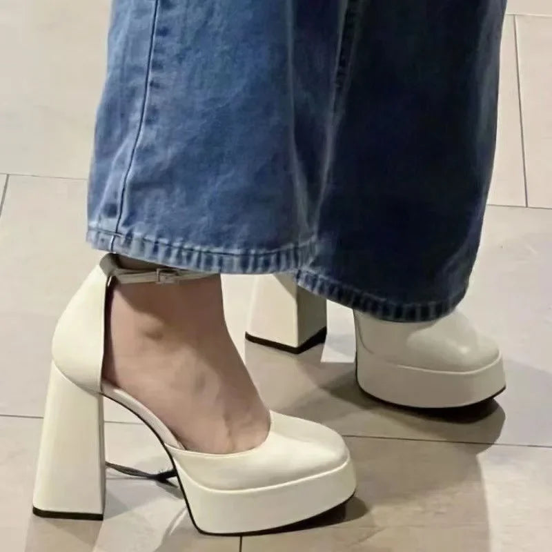 Barbie Style Women's Sandals with Buckle Waterproof Platform Fairy Tale Thick Heel High Heels Square Head French Style Shoes