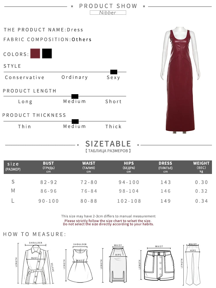 Nibber Vintage Elegant Dress Women Summer Leather Classic Sleeveless Slits Basic Simple Trend Solid Stretch Party Long Bodycon