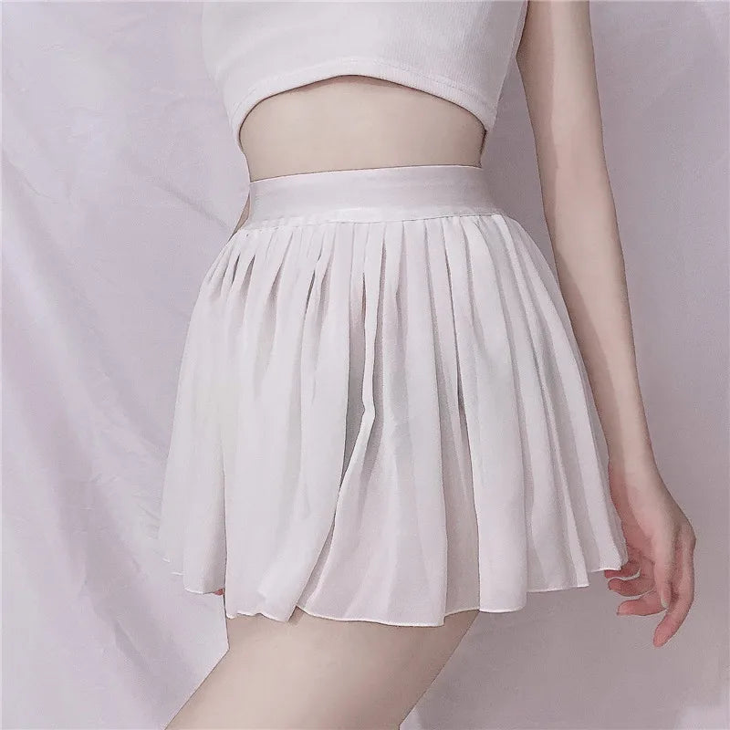 FREEAUCE Elastic See Through A-Line Pleated Mini Skirts Solid Black Sexy Long High Waisted White Lace Short Skirt for Women