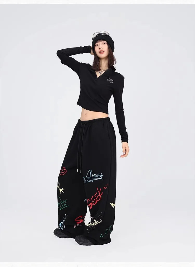 CBXLAB Street Dance Women' s Black color graffiti hip hop long pants autumn and winter street jazz soft and firm dancing sports