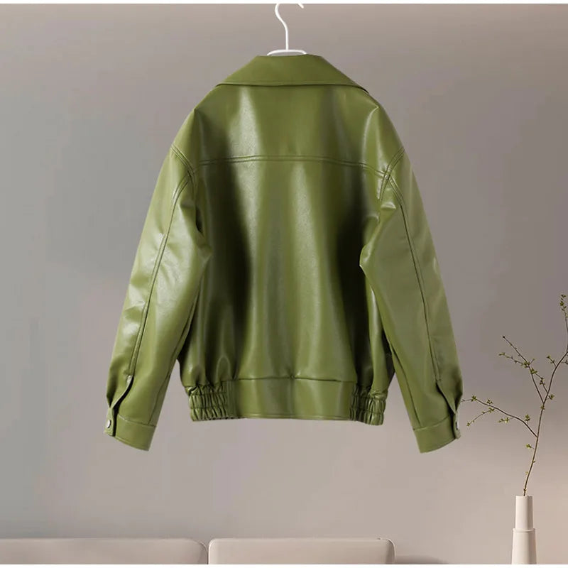 Fashion Green PU Leather Jacket Women Laple Zipper Loose Full Sleeve Single Breasted Cropped Coat 2024 New Lady Solid Streetwear