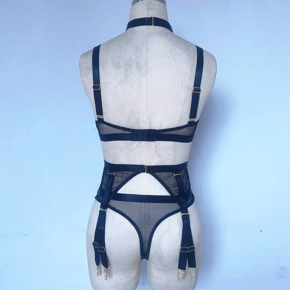 Cross-border new black mesh heavy-duty push-up bra with steel ring garter belt sexy sister lingerie set neck strap