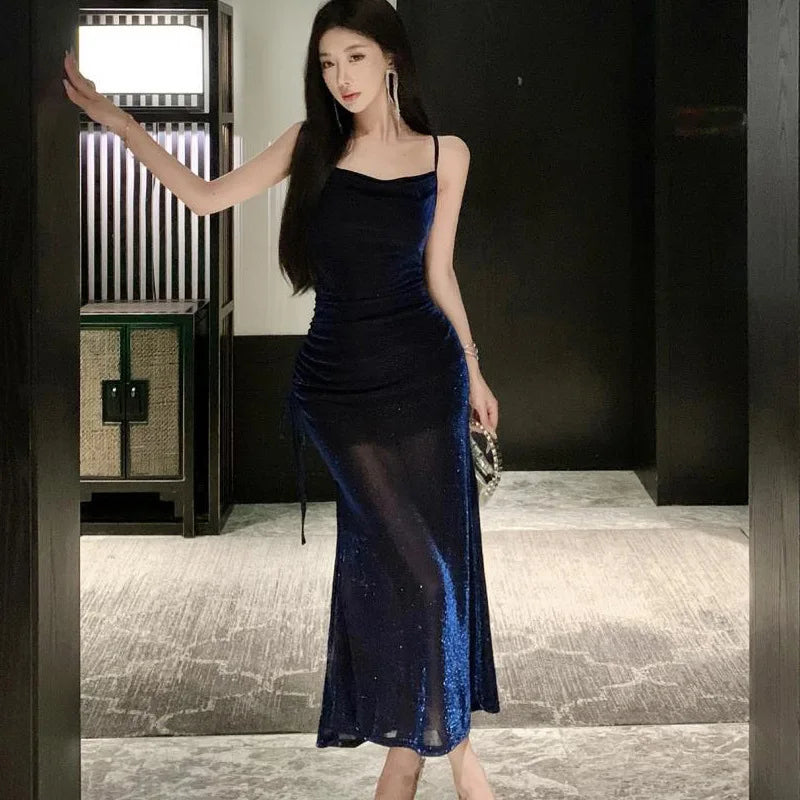 Starlight Sexy Swinging Collar Strap Dress, Mid to Long, Waist Tight, Slim and High End Beach Dress