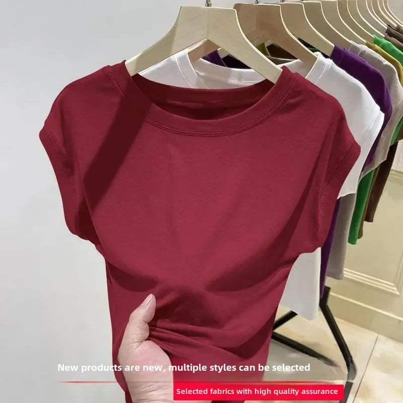 Short Sleeve Ice Silk T-Shirt Women's Loose Fashionable Youthful Small Flying Sleeve Top Knitted Crew Neck Other Pattern Types