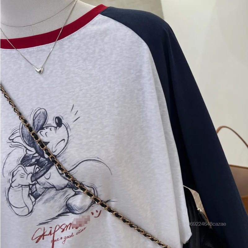 Cute Cartoon Mickey Mouse Long Sleeved T-shirt Korean Version Trend Simple Patchwork Tees Women's Autumn Slimming New Casual Top