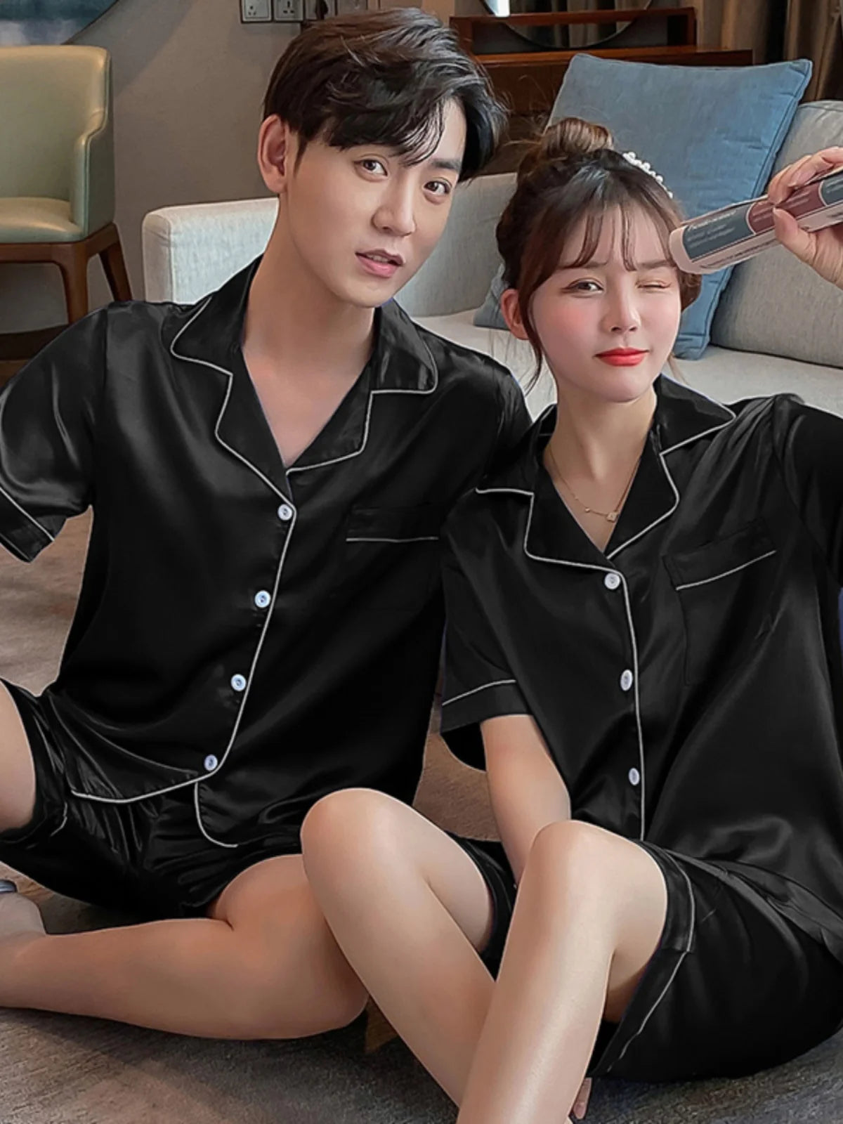 Couples Summer Ice Silk Thin ort Sve Spwear Home Clothes ort Pants Large Size Set Ladies Summer Silk New Model
