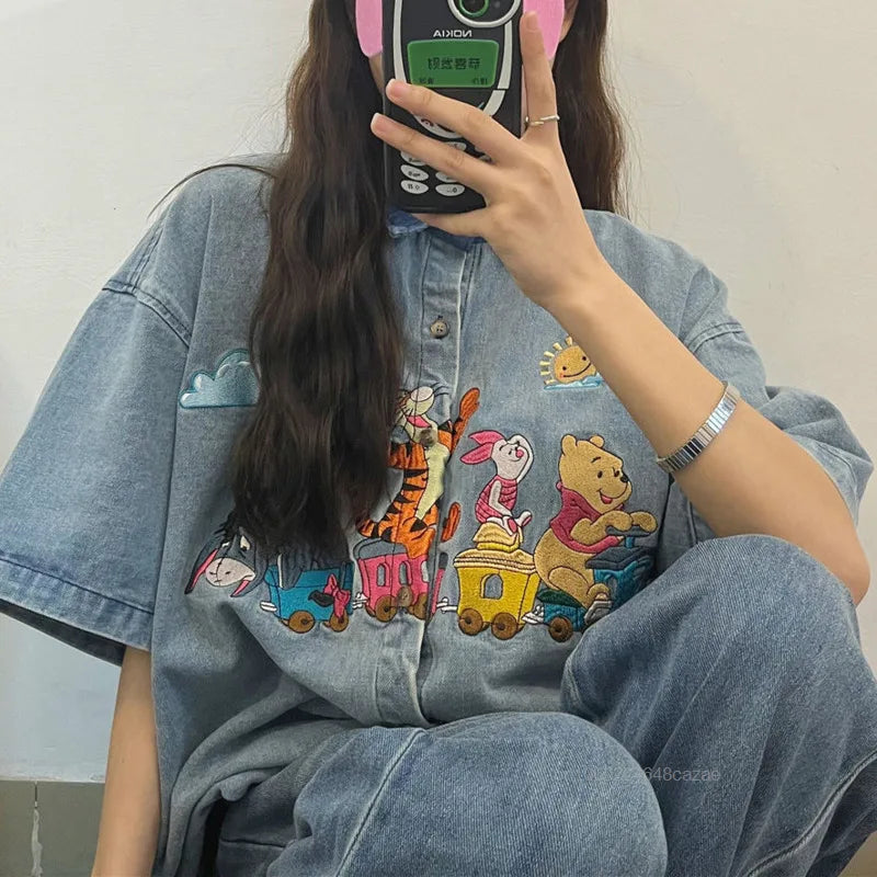 Disney Winnie The Pooh Antique Style Niche Childlike Fun Embroidery Denim Shirt Womem's Summer Loose Shirt Casual Versatile Top