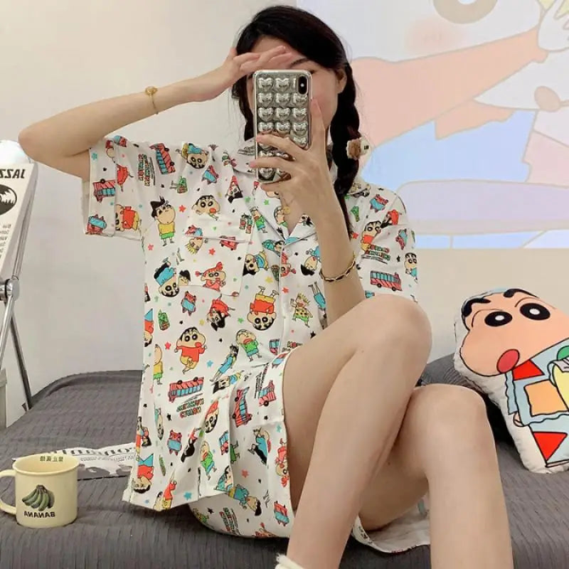 2pcs Kawaii Cute Crayon Shin-Chans Pajamas Short Sleeved Shorts Printing Ventilate Loose Comfortable Cute Girl Birthday Gifts