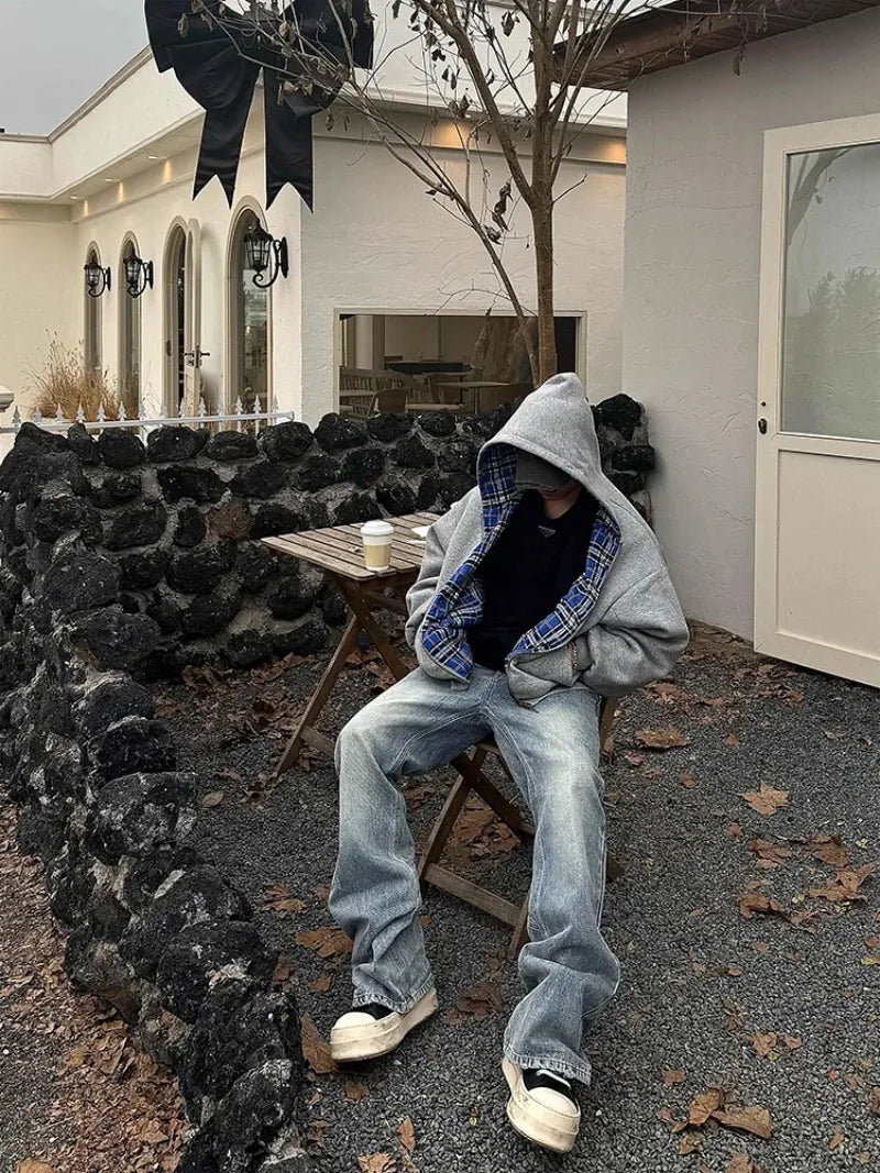 Casual Spring Oversized Reversible Hoodies for Men Street Clothes Hoodie with Plaid Lining Solid Color Sweatshirt Streetwear
