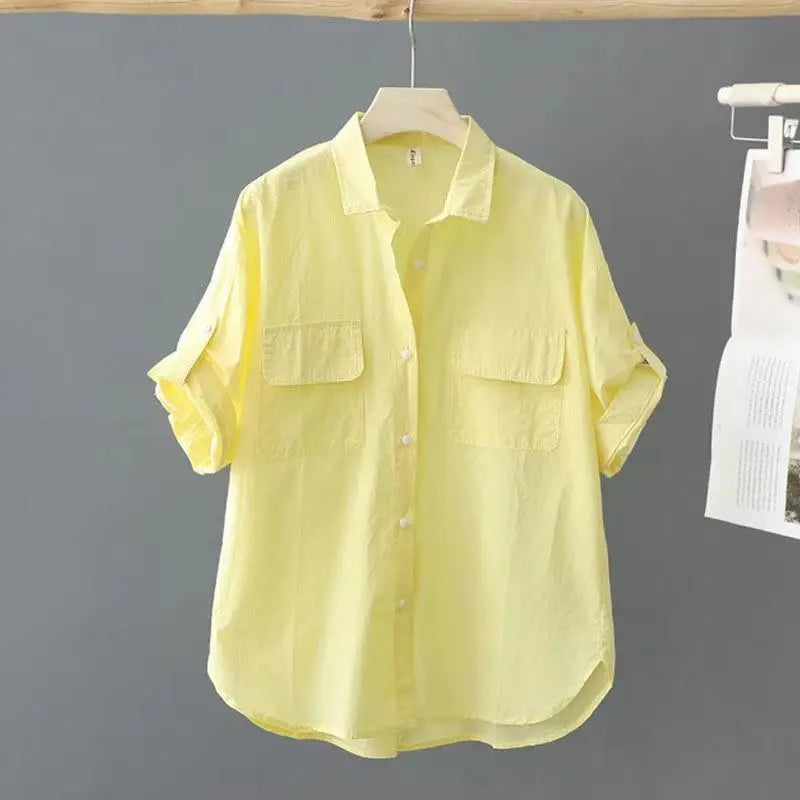Summer Korean Style Solid Cotton Chic Women's Shirt Casual Loose All Match Office Lady Blouse Female Short Sleeve Blusas Mujer