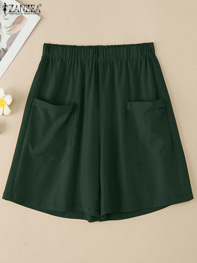 ZANZEA Vintage Summer Shorts Women Fashion High Elastic Waist Pantalons Pockets Solid Color Wide Leg Pants Casual Loose Shorts