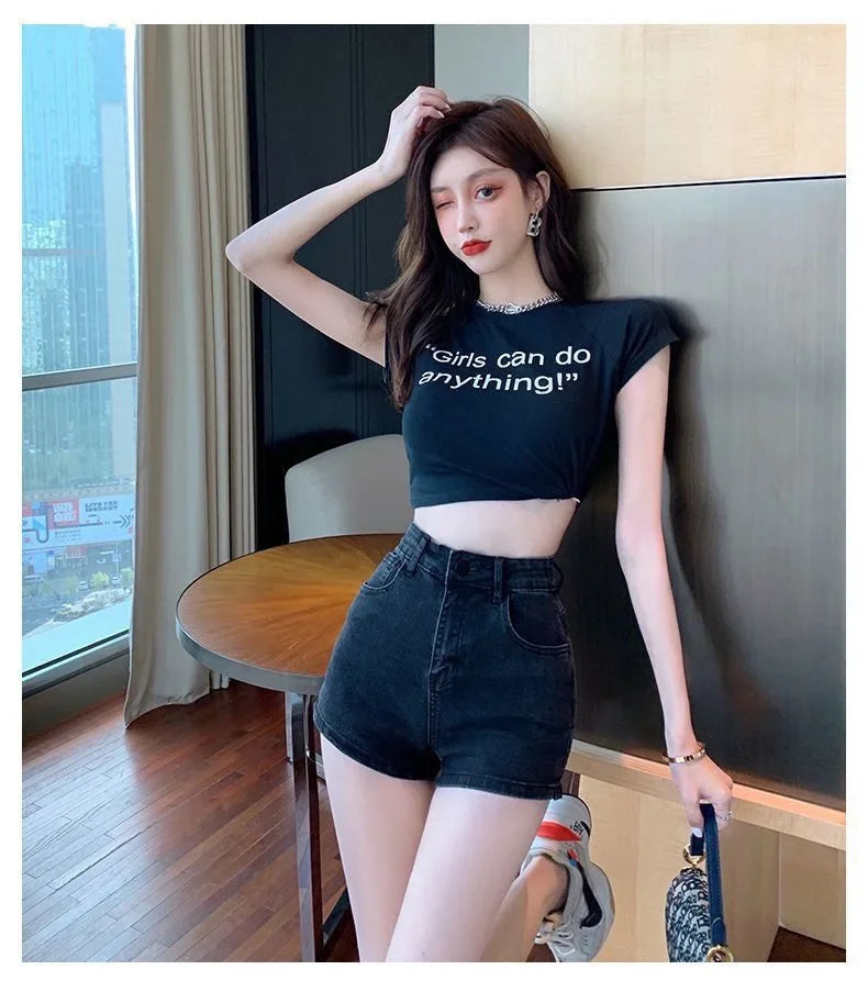 High-waisted Elastic Blue Denim Shorts Side Slot Women's Summer Korean Style Versatile Slimming Outerwear Wide Leg Heat Pants