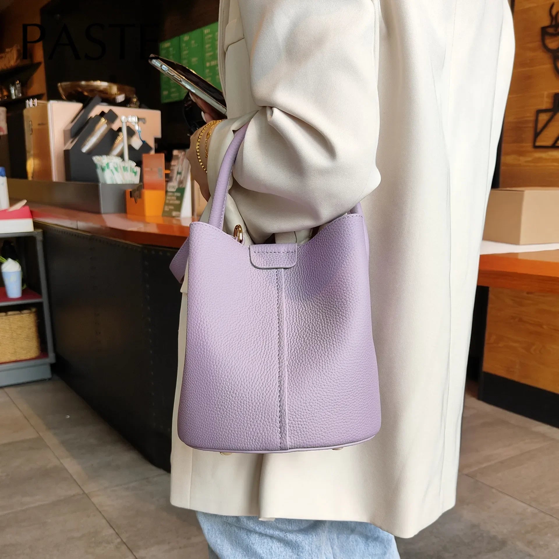 Noble Lavender Purple Round Bucket Tote Small Elegant Cowhide Leather Women's Shoulder Crossbody Bag Fashion Ladies Hand Bag