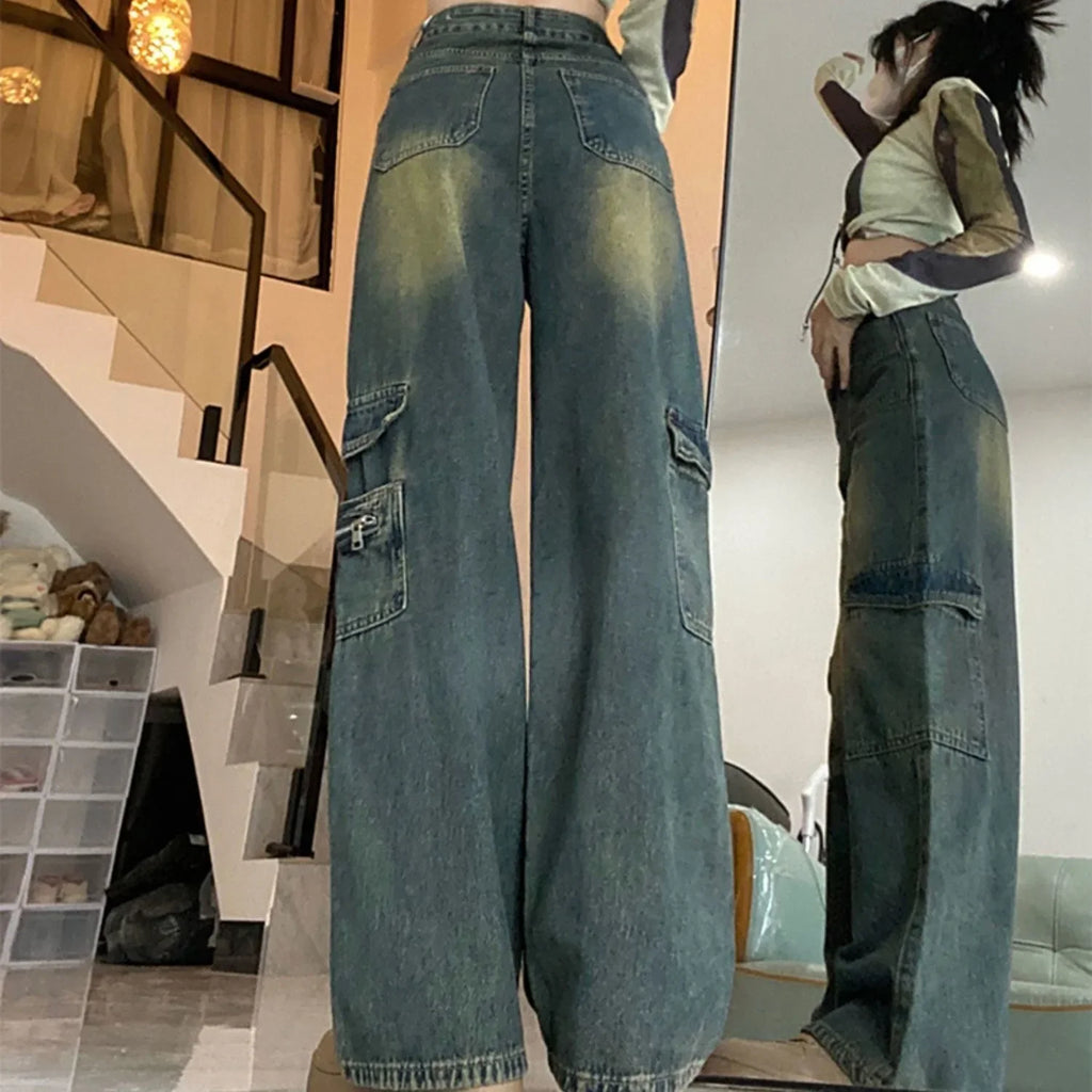 New 2025 American Wide Leg Jeans High Street Workwear Loose High Waist Straight Cut Floor-Length Pants Women's Fashion