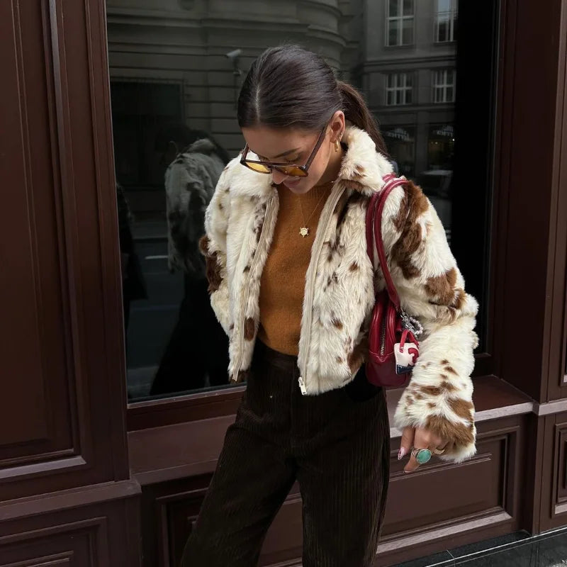 Faux Fur Contrast Women Coat 2025 Lapel Zipper Long Sleeve Female Coats Vintage Autumn Winter Pocket Thicken Warm Lady Outwear