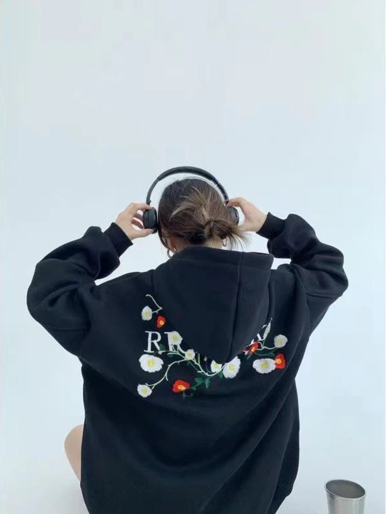 Hikigawa Chic Fashion Floral Embroidery Hoodies Women Coats Autumn Casual Loose All Match Hooded Pullover Outerwear Tops Mujer