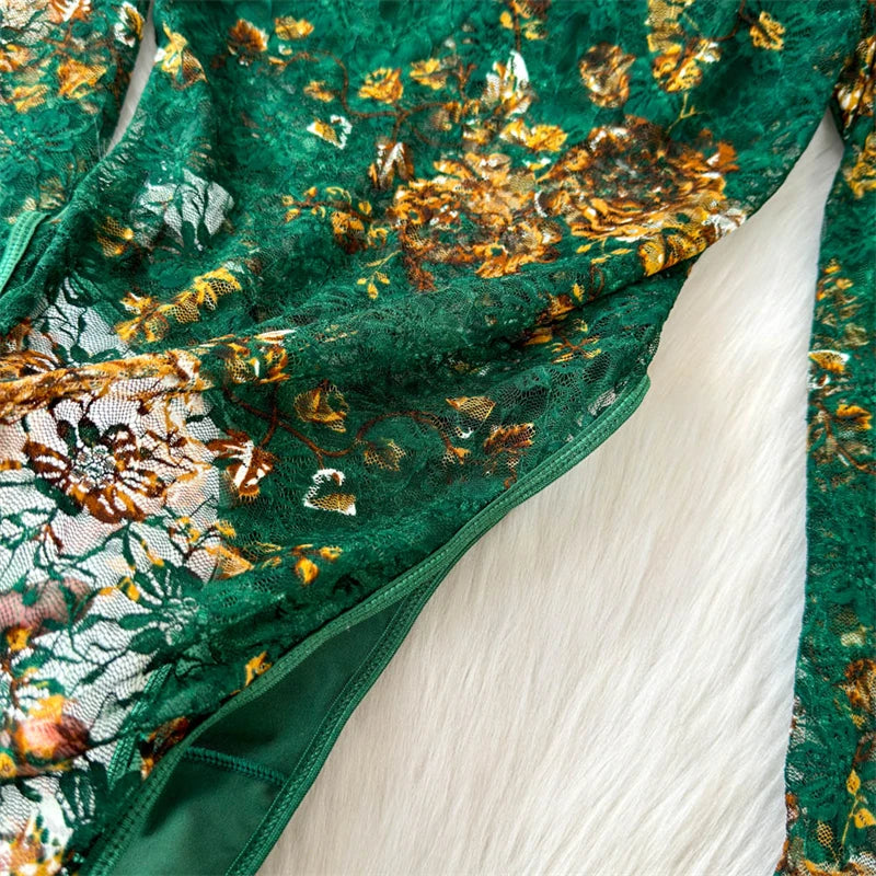 Women's Green Lace Jumpsuits Vintage Skinny Playsuits Harajuku Long Sleeve Square Collar Exotic Sexy Rompers Coquette Clothes