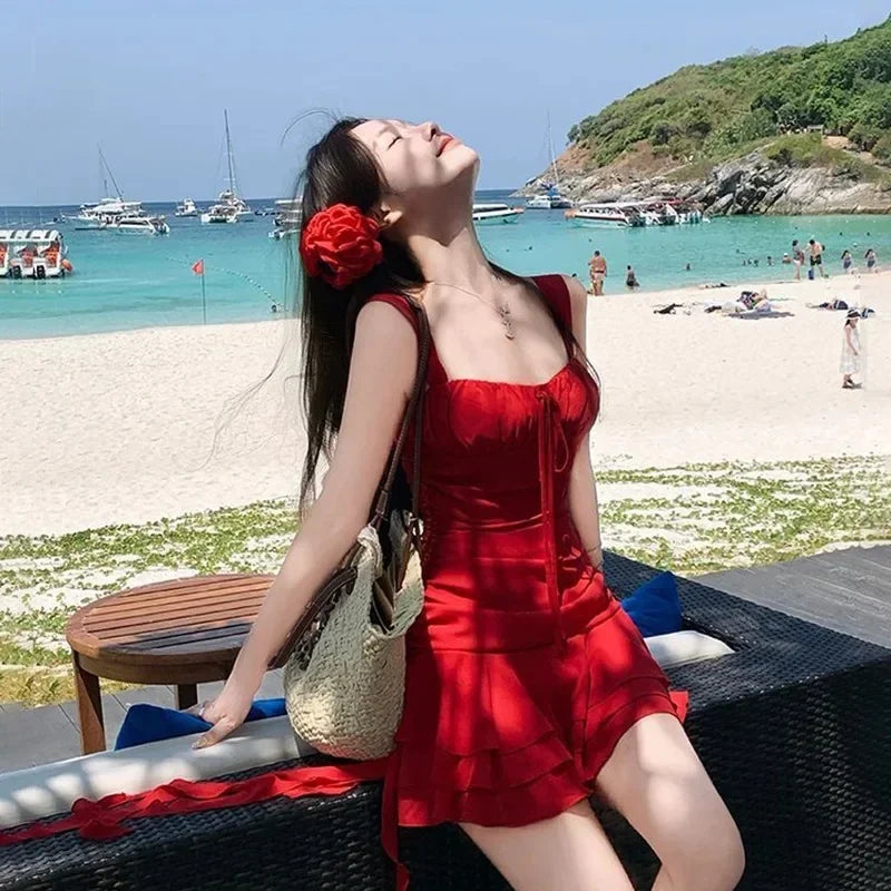 Summer 2024 New Women's Swimsuit: White-Stylish Beach Vacation Dress-Style Thermal Spring Swimwear Red Dress