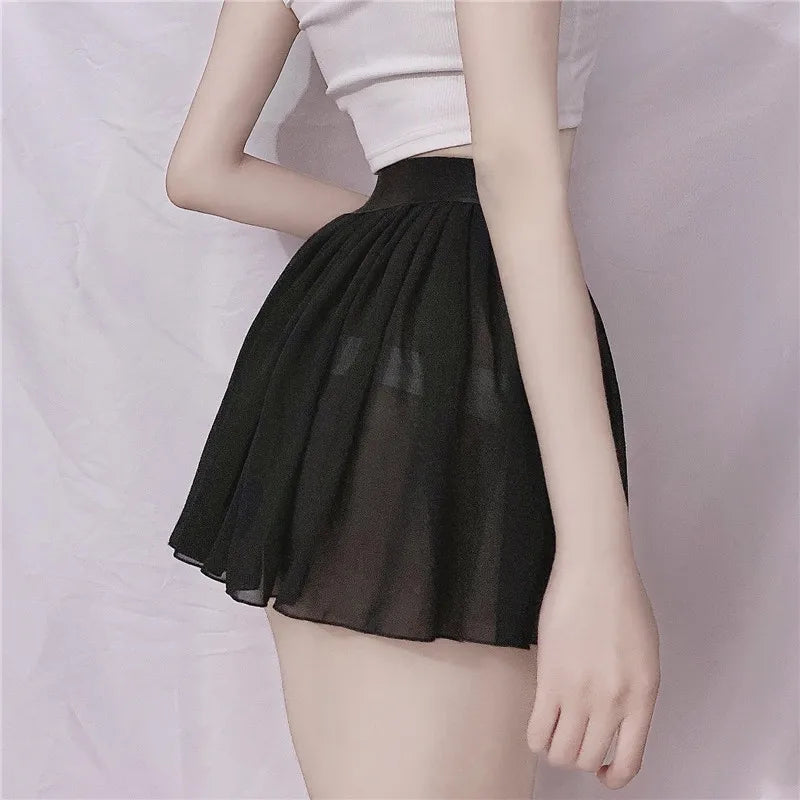 FREEAUCE Elastic See Through A-Line Pleated Mini Skirts Solid Black Sexy Long High Waisted White Lace Short Skirt for Women