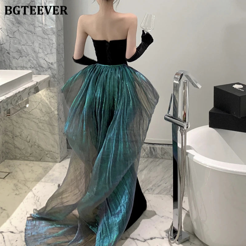 BGTEEVER Fashion Spring Ladies Sleeveless Party Velvet Dress Elegant Slim Waist Women Floor-Length Package Hip Strapless Dress