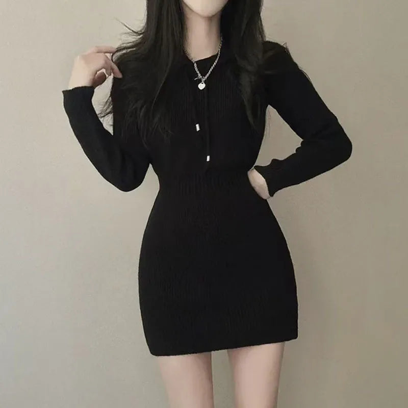 Sexy White Thicken Knit Mini Dress Woman Korean Elastic High Waist Bandage Dresses Women Hooded Outwear Long Sleeve Slim Dress