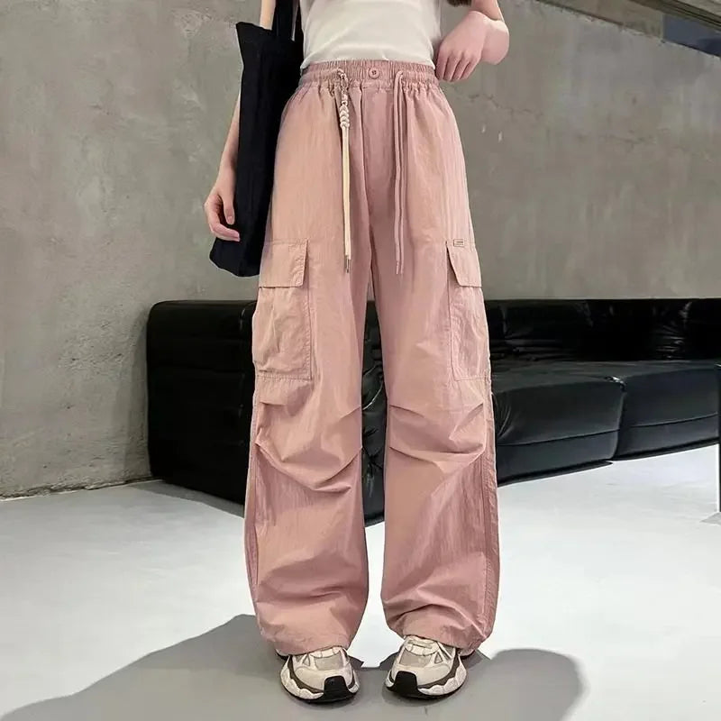 Girls Cargo Pants Summer Thin Loose-fit Wide-leg Long Pants New 2024 Trendy Junior High School Students Casual