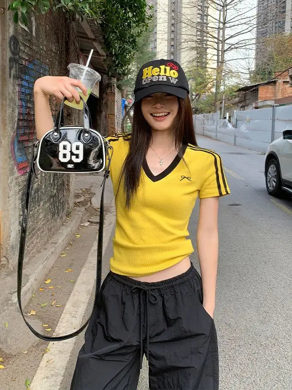 Women Clothing Summer Fashion Casual Striped Color Blocking V-neck Ladies Ladies Simplicity All-match Appear Thin Short Sleeve