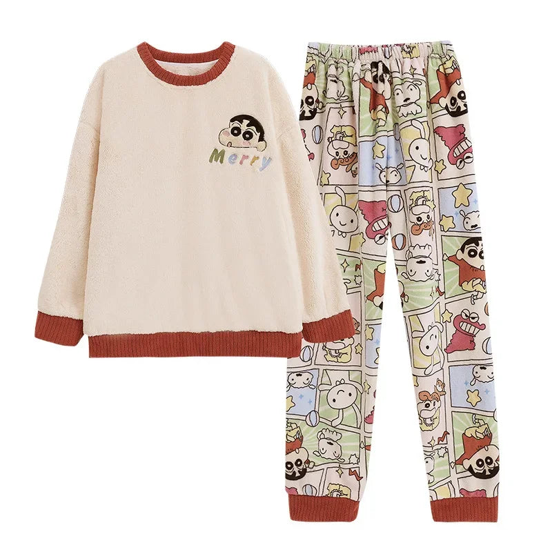 Transborder Flannel Pyjamas Women's Autumn Winter Round Neck Long Sleeve Cute Japanese Cartoon Student Warm Home Clothes Set