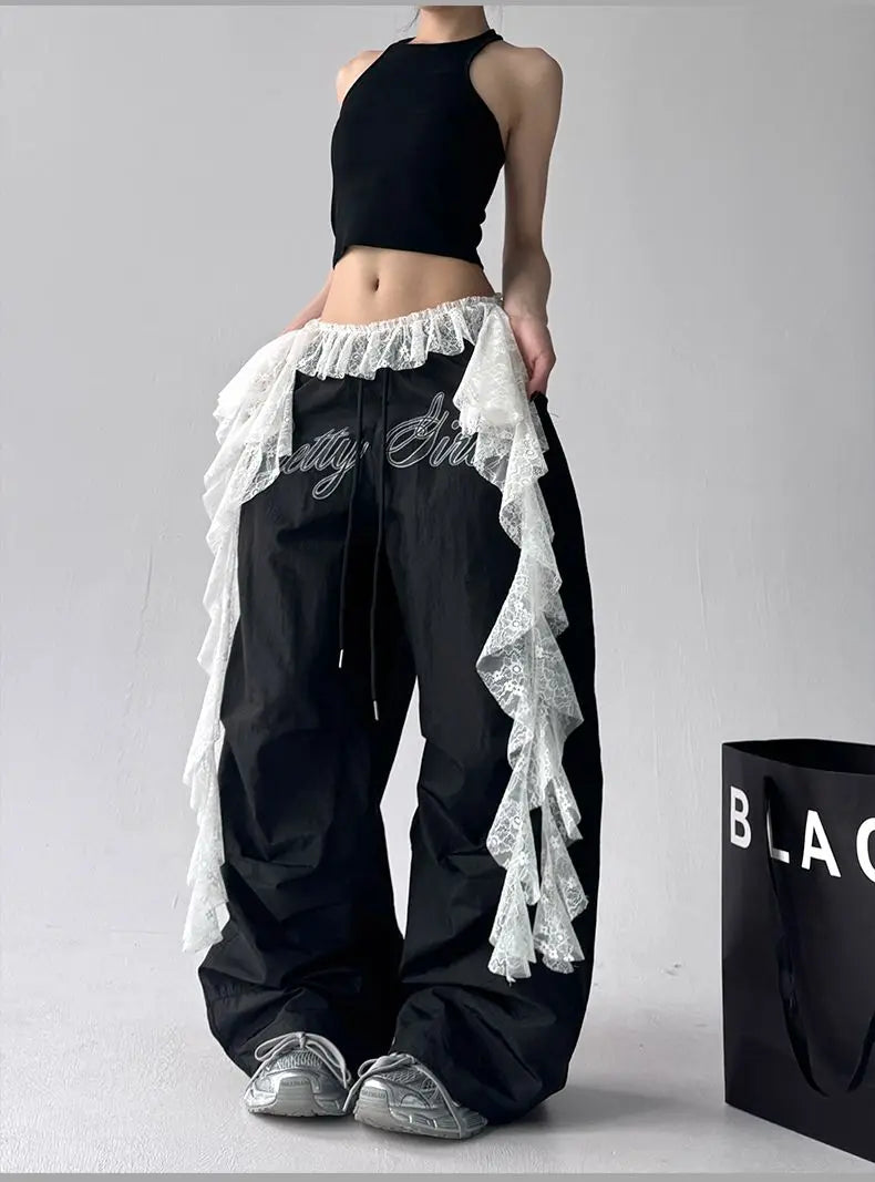 American retro black printed Spice Girls Street Dance Scimitar Pants Women's Loose Design Splicing Summer New Wide Leg Pants