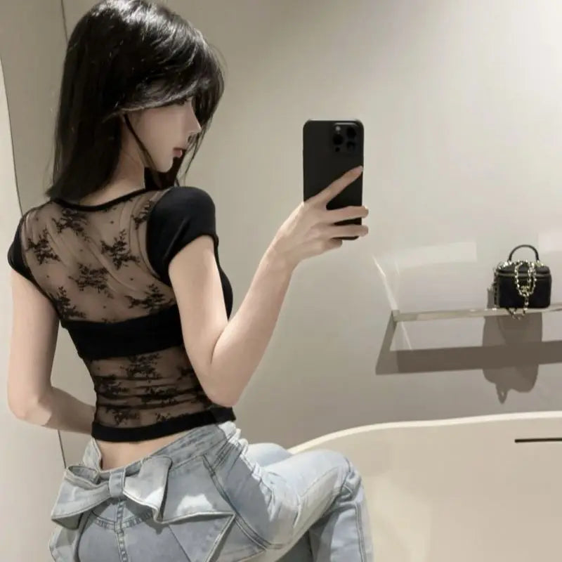 U-neck Short-sleeve T-shirt for Women Summer Slim-fit Sexy Sheer Mesh Fashionable Versatile Cropped Top