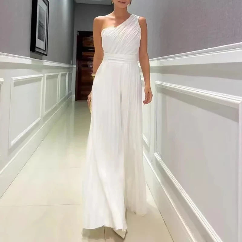 Lady High Waist Off Shoulder Dresses Temperament Diagonal Collar Sleeveless Party Dress Leisure Ruched Solid Slim Evening Dress
