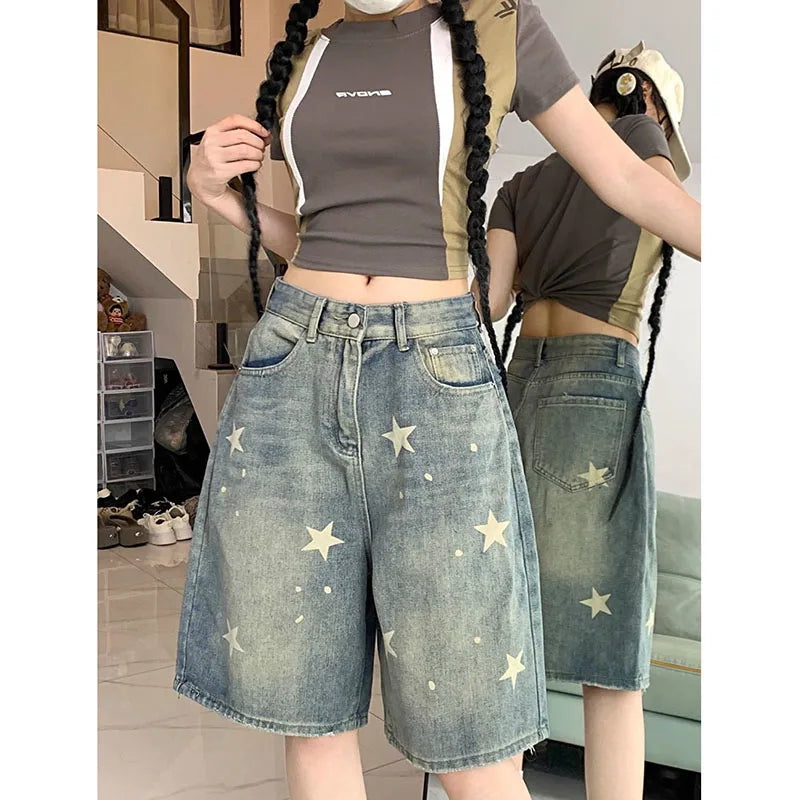 American Style Vintage Women's Short Jeans High Waisted Washed Wide Leg Denim Pants Woman Fashion Do Old Star Knee Length Shorts