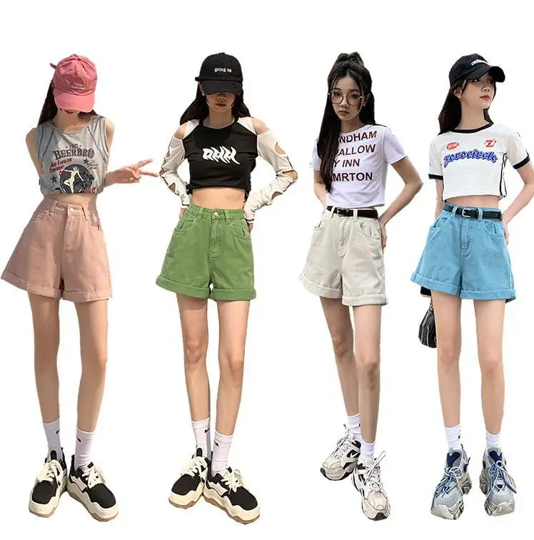 GUUZYUVIZ Green Shorts Feminina Summer Casual Loose Vintage  Jeans Shorts Women Streetwear High Waisted Wide Leg Denim Shorts