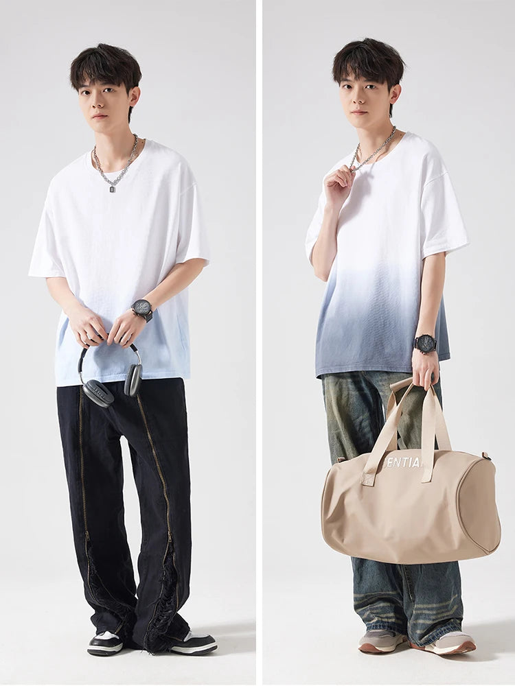 Men's Gradient Dyeing T-shirts 230Gsm Cotton Korean Vintage Street Style Oversized Tees Short Sleeve Loose Fit Basic Tops